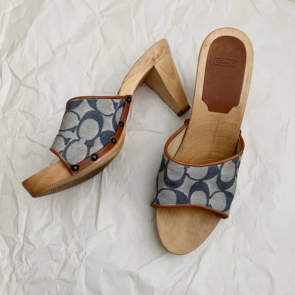 Coach Brenda Logo Wooden Platform Heeled Sandals Sz 7 Blue Made in Italy - Picture 11 of 12